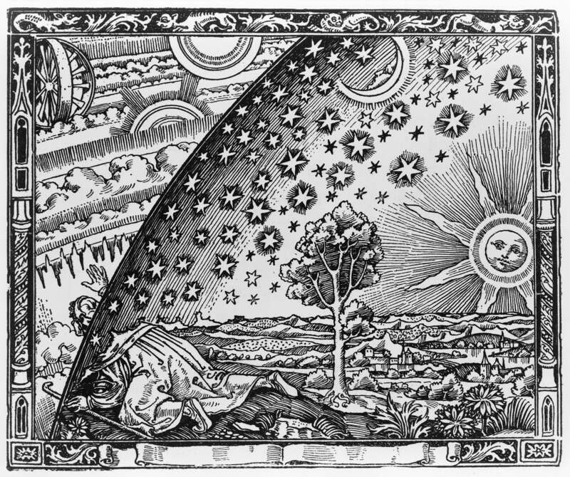 Flammarion's 1888 engraving of a traveller looking beyond the starry sky
